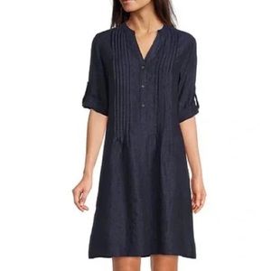 Women’s J.McLaughlin Riviera 3/4 Roll-Tab Sleeve Pleated Navy Linen Dress sz S